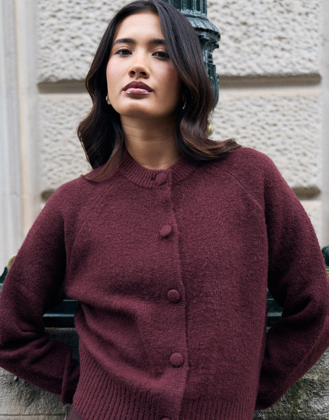 Threadbare The Relaxed Knitted Cardigan in Plum - campaign