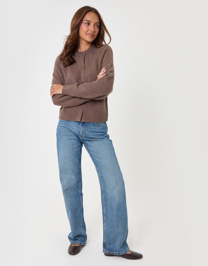 Threadbare Relaxed Fit Knitted Cardigan in Mocha Brown - full body