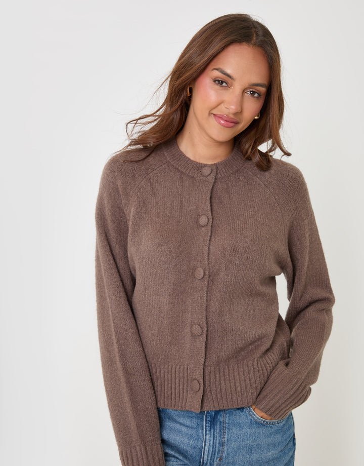 Threadbare Relaxed Fit Knitted Cardigan in Mocha Brown - detail