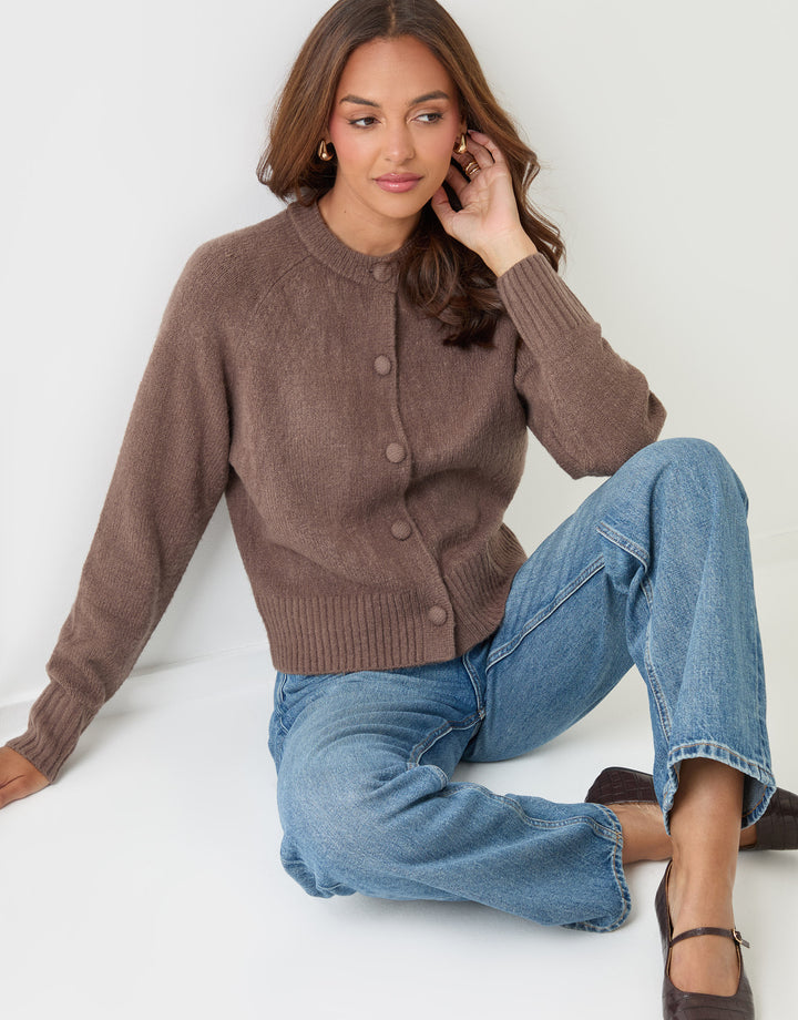 Threadbare Relaxed Fit Knitted Cardigan in Mocha Brown - sat down