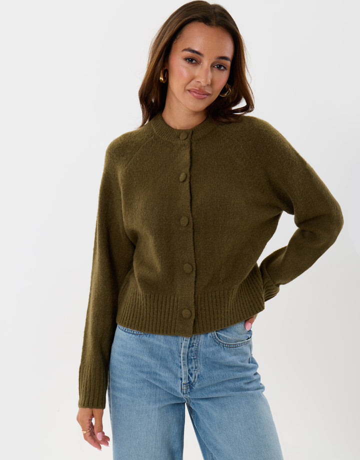 Threadbare Relaxed Fit Knitted Cardigan in Khaki - front view