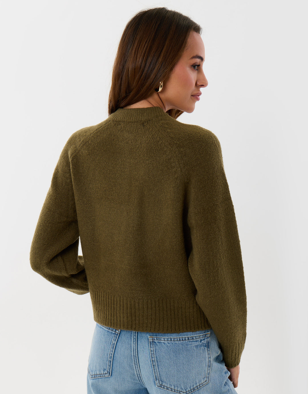 Threadbare Relaxed Fit Knitted Cardigan in Khaki - back view