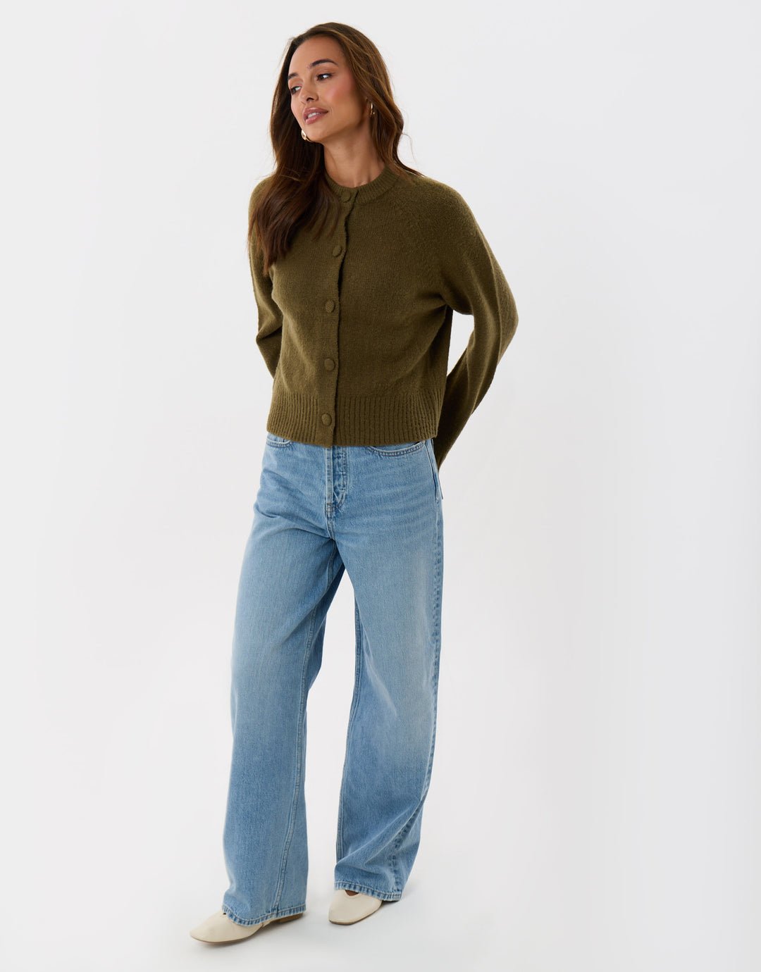 Threadbare Relaxed Fit Knitted Cardigan in Khaki - full body