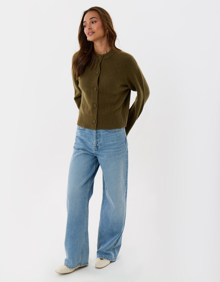 Threadbare Relaxed Fit Knitted Cardigan in Khaki - full body