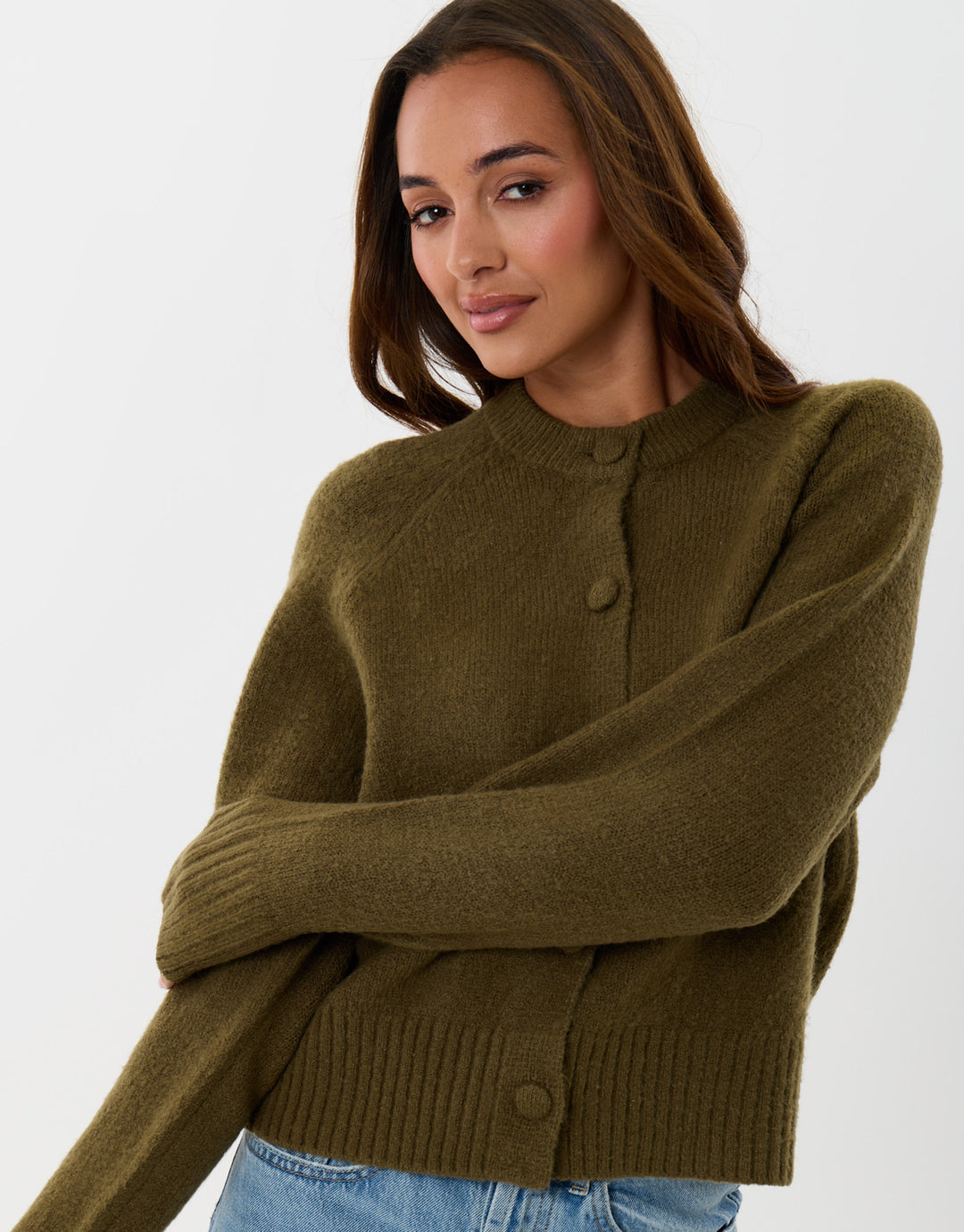 Threadbare Relaxed Fit Knitted Cardigan in Khaki - front view pose