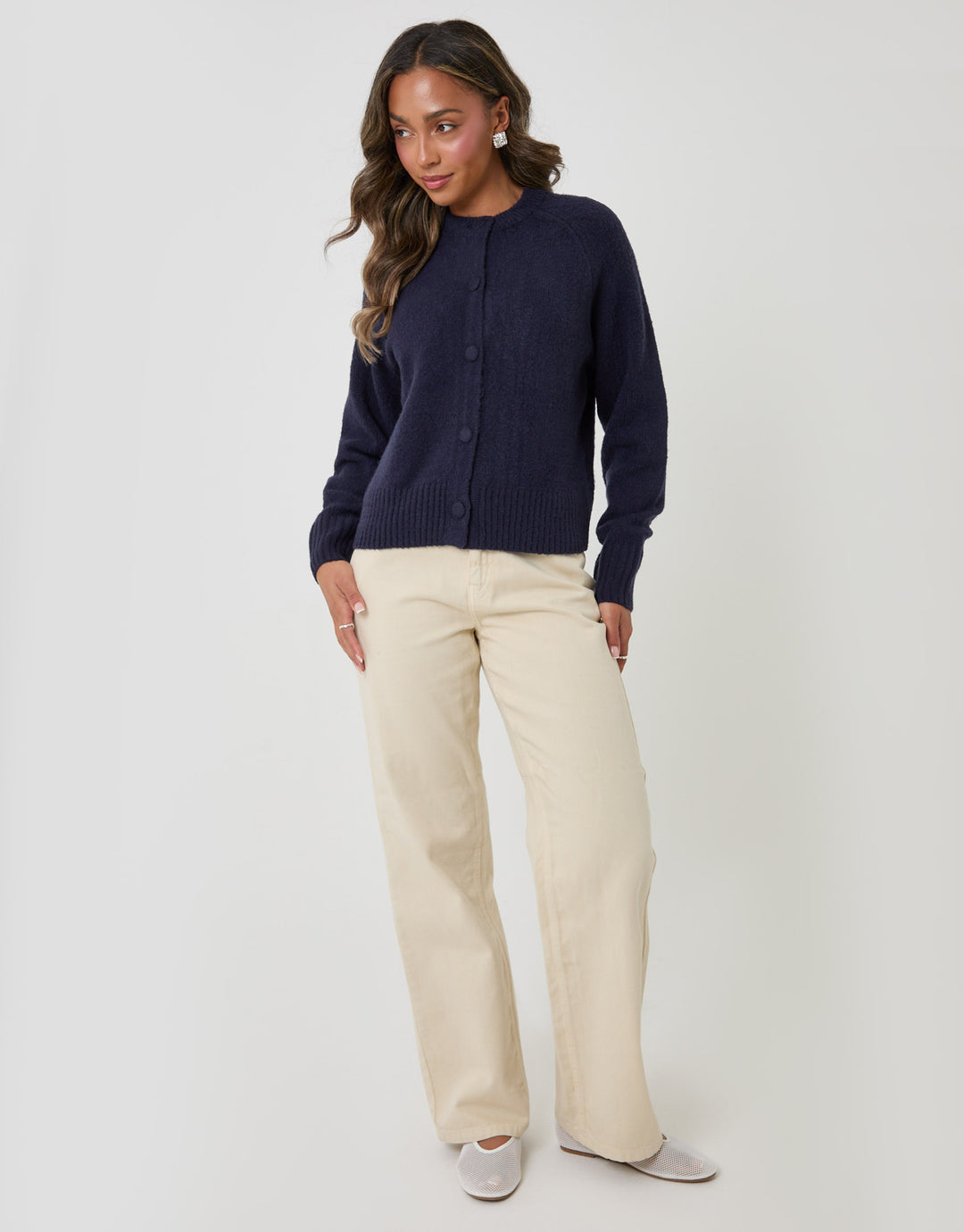 Threadbare Relaxed Fit Knitted Cardigan in Navy - full body