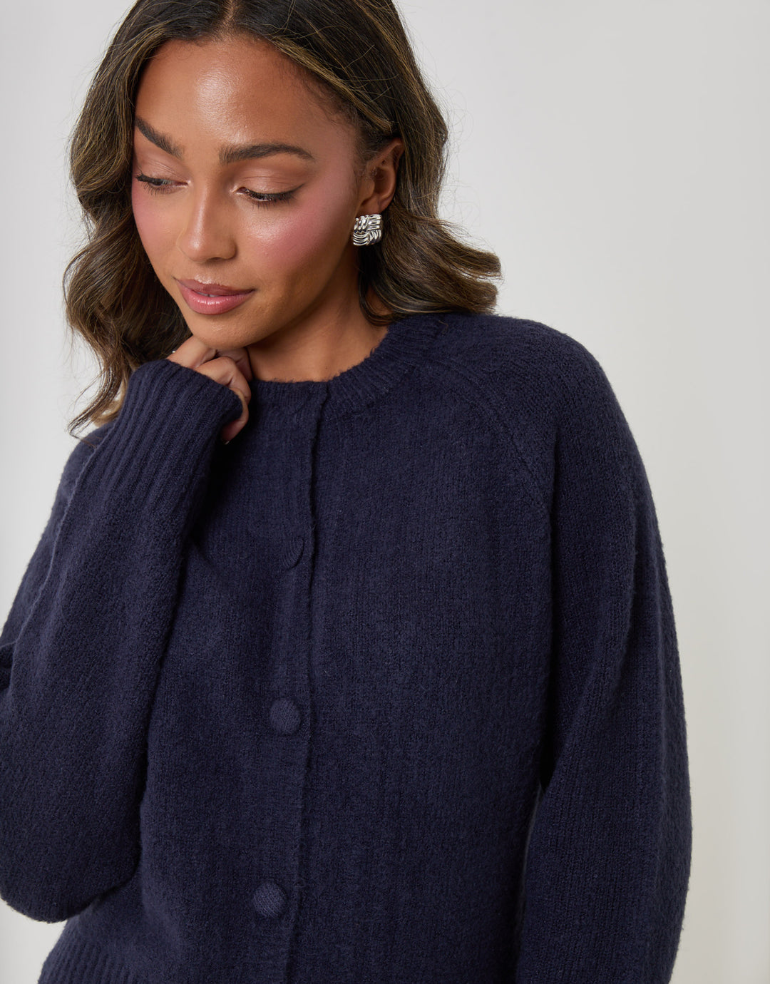 Threadbare Relaxed Fit Knitted Cardigan in Navy - close up