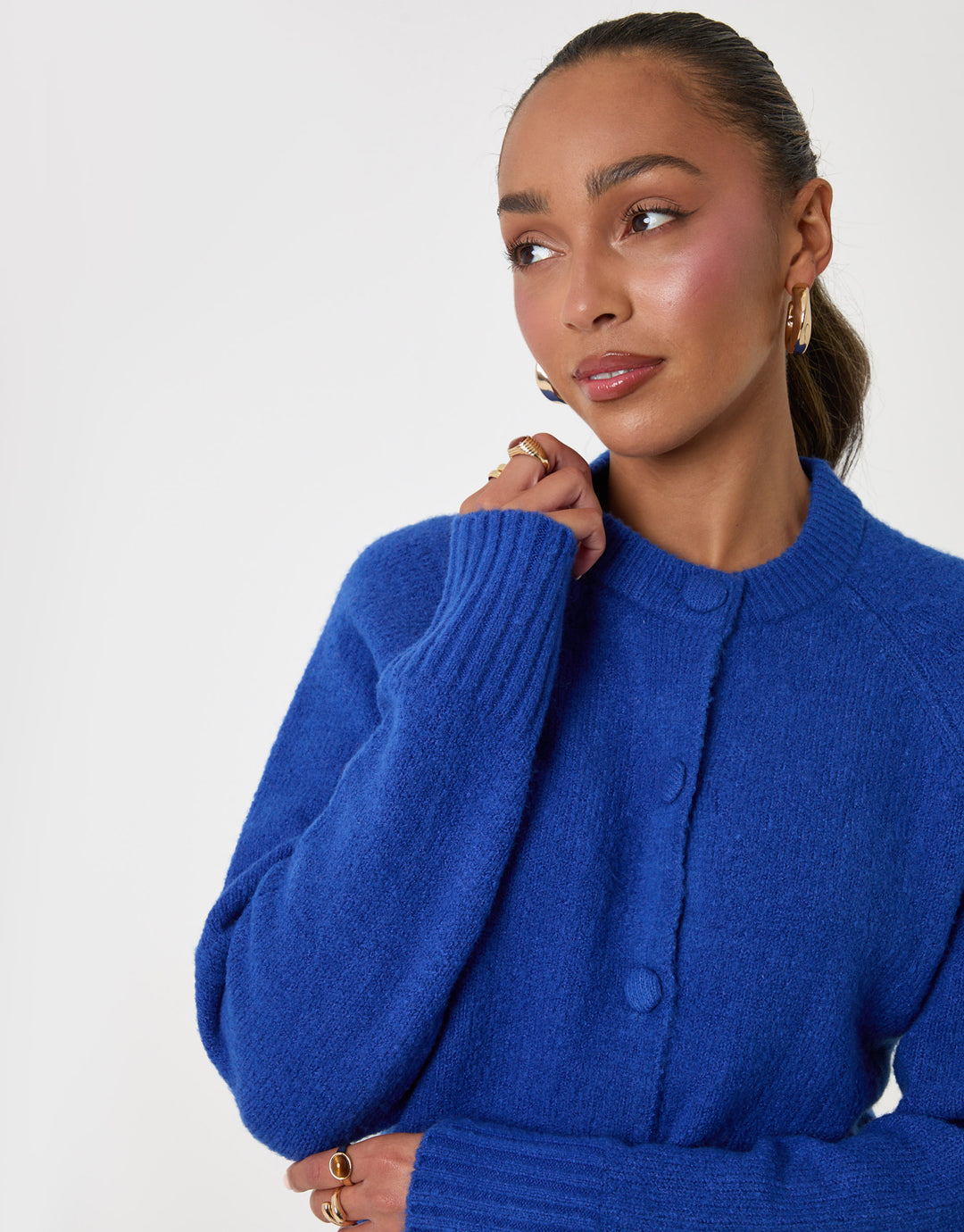Threadbare Relaxed Fit Knitted Cardigan in Blue - close up