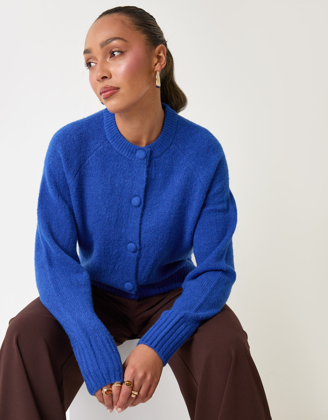Threadbare Relaxed Fit Knitted Cardigan in Blue - sat down