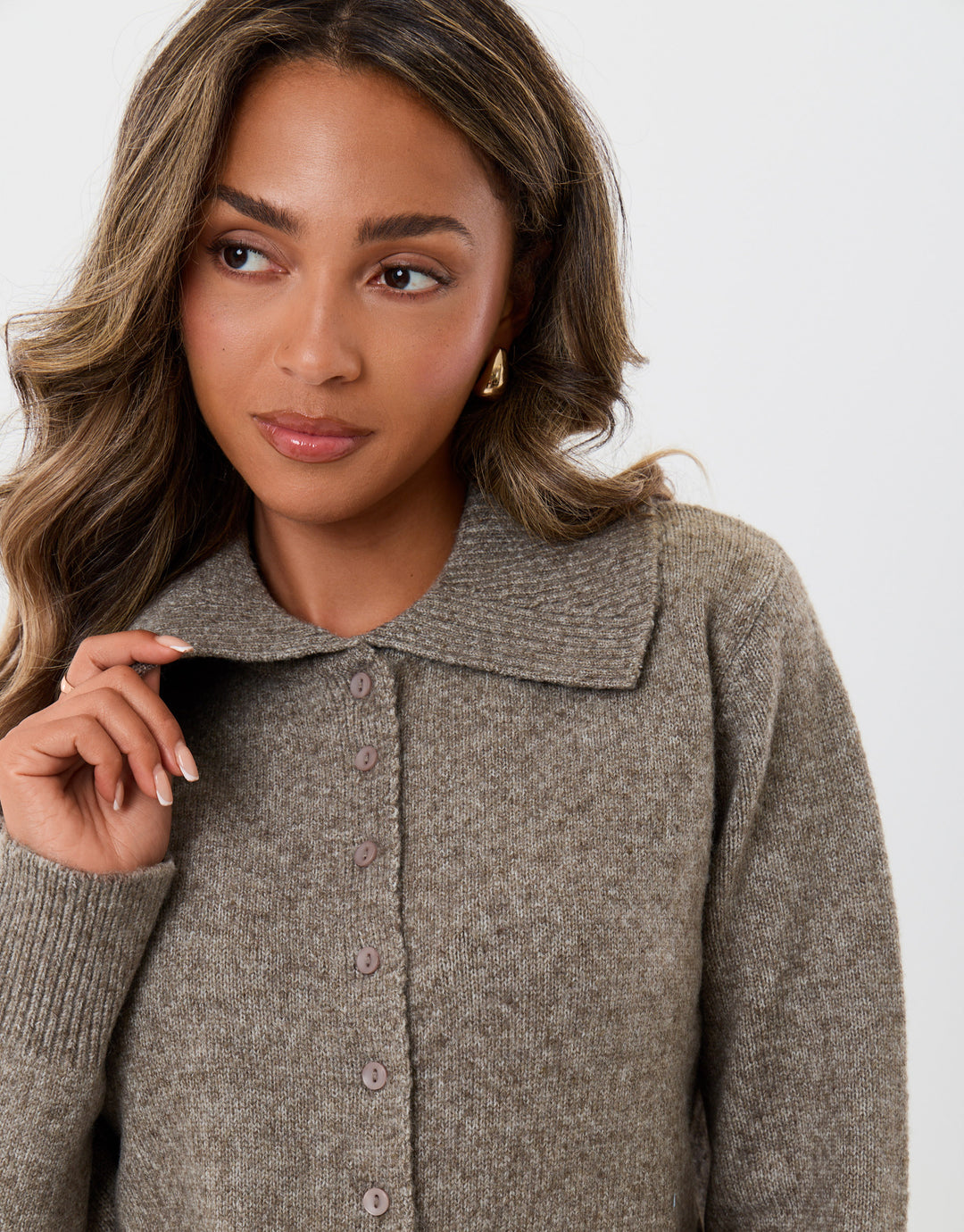 Polo Button Up Cardigan in Beige