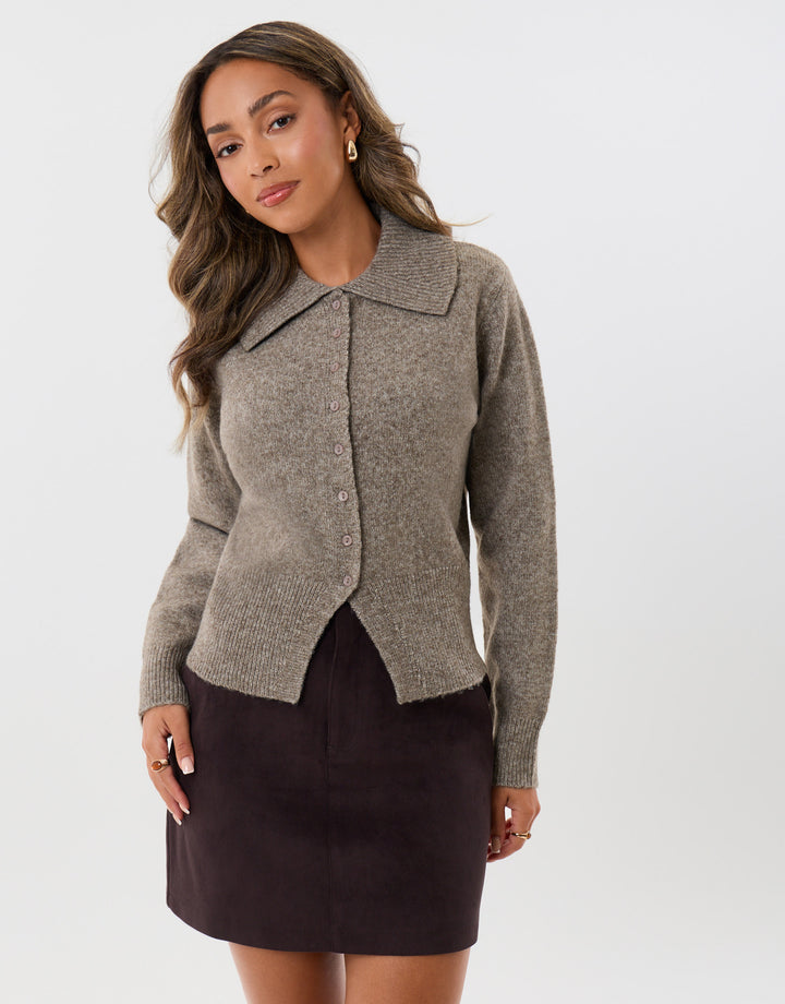 Polo Button Up Cardigan in Beige