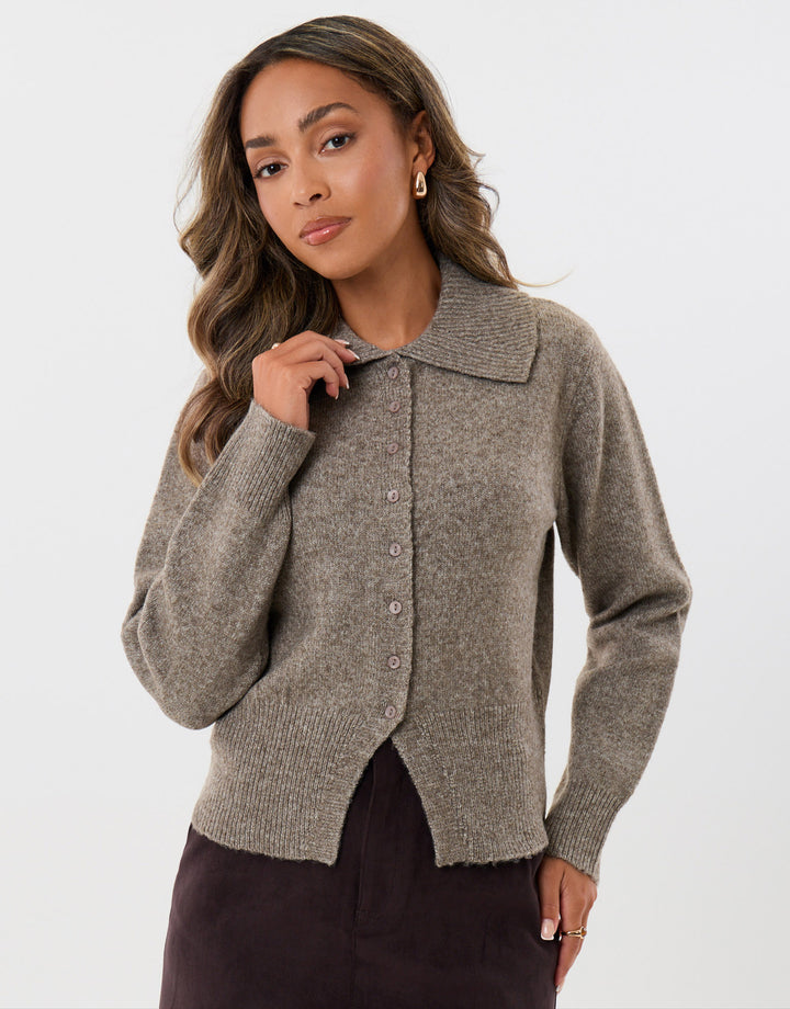 Polo Button Up Cardigan in Beige