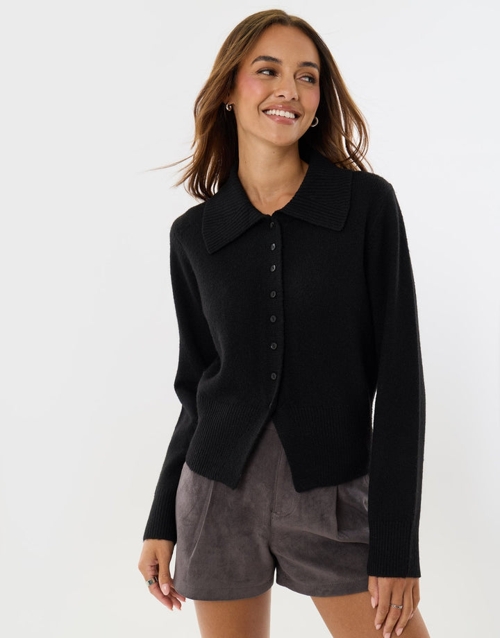 Polo Button Up Cardigan in Black