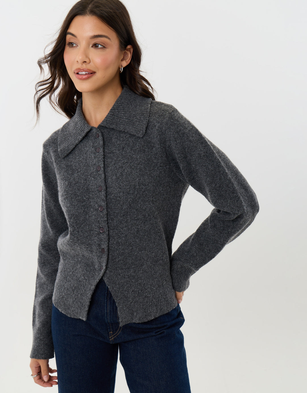 Polo Button Up Cardigan in Charcoal Grey