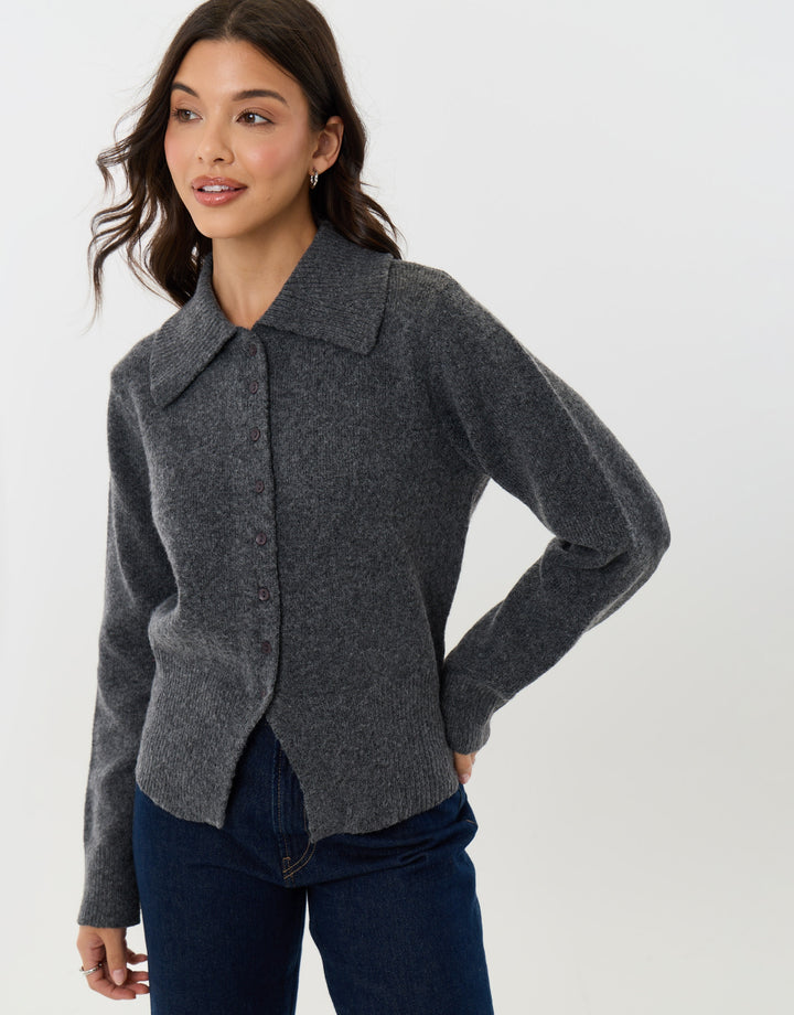Polo Button Up Cardigan in Charcoal Grey