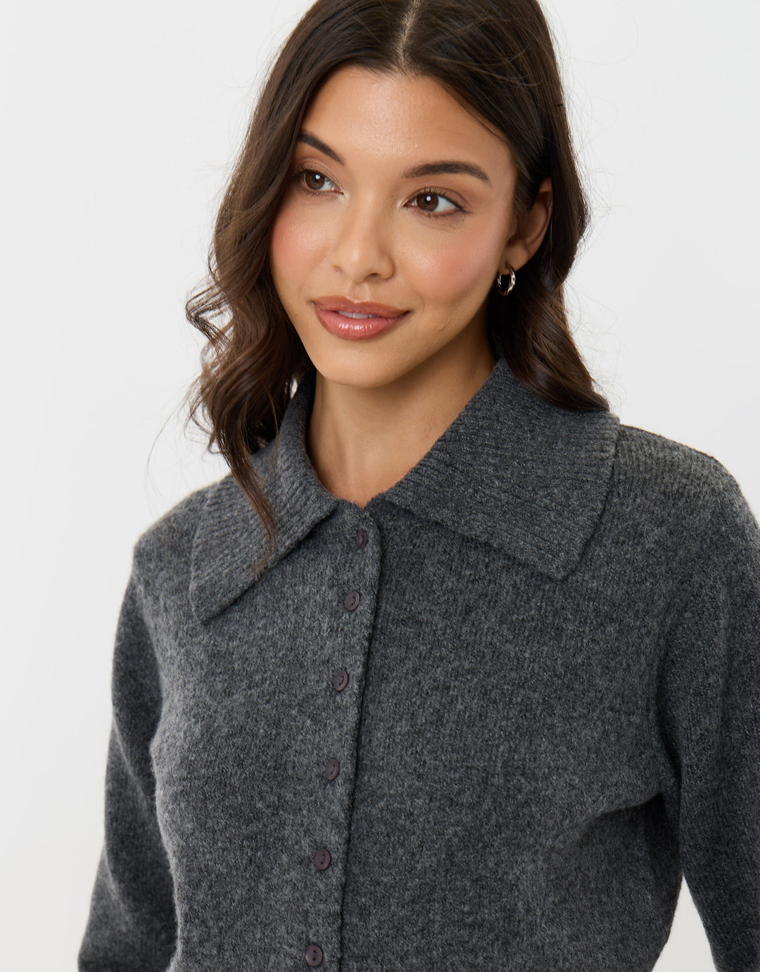 Polo Button Up Cardigan in Charcoal Grey