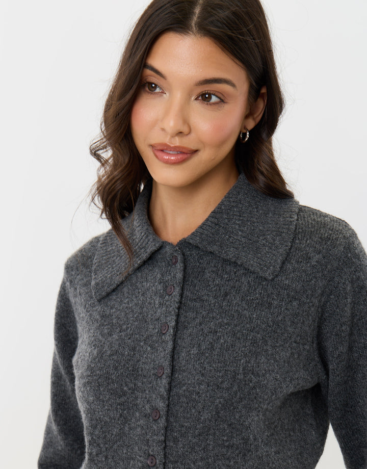 Polo Button Up Cardigan in Charcoal Grey