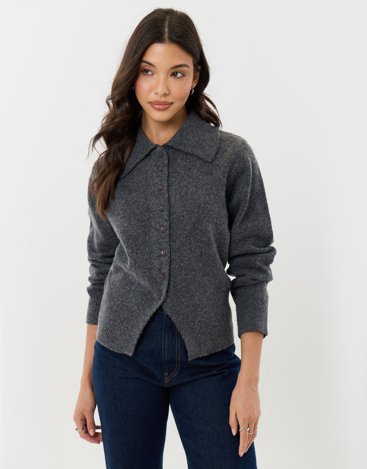 Polo Button Up Cardigan in Charcoal Grey