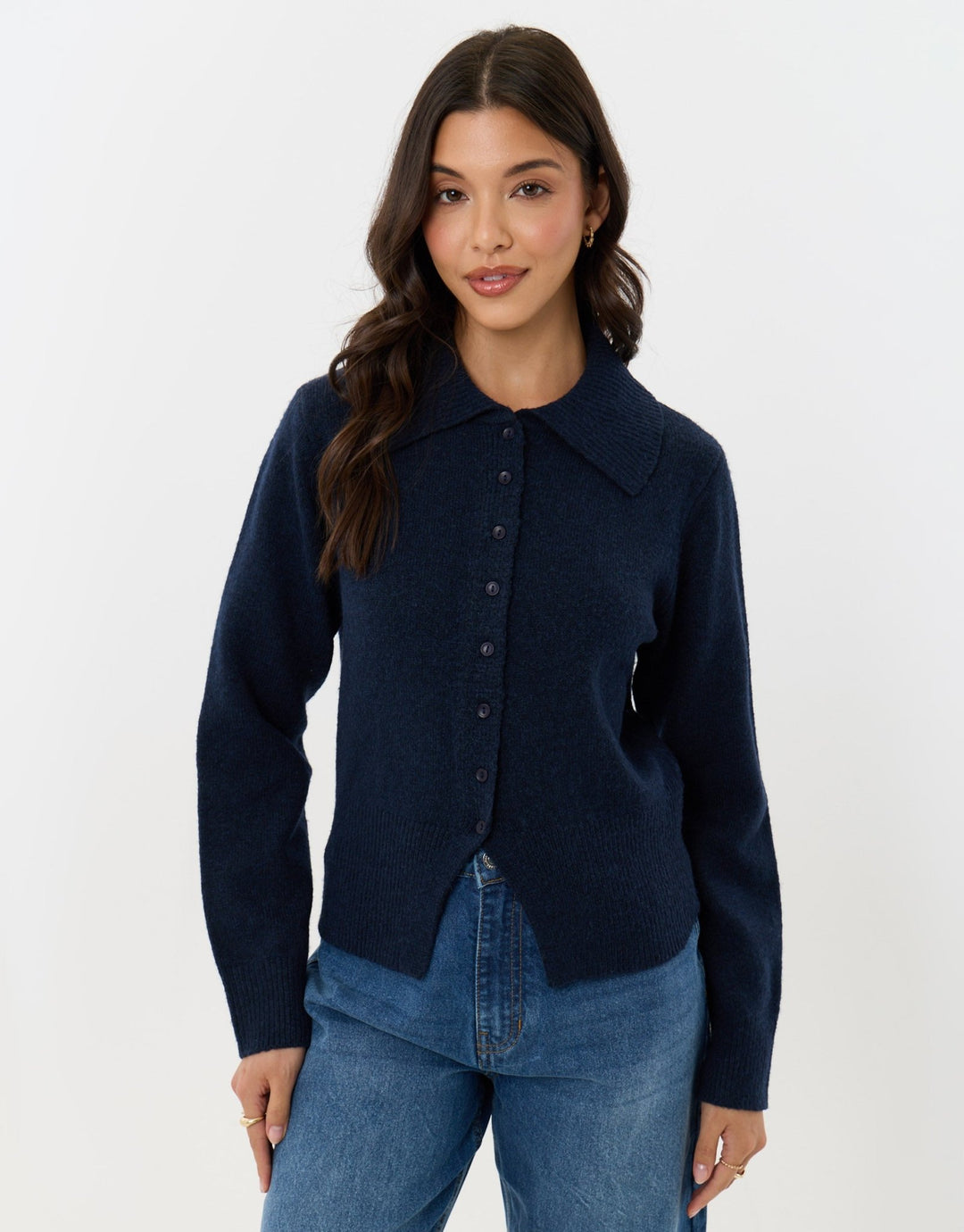 Polo Button Up Cardigan in Navy