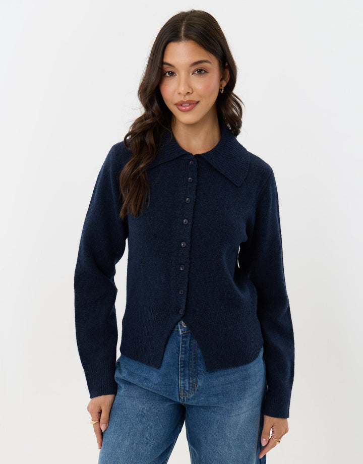 Polo Button Up Cardigan in Navy