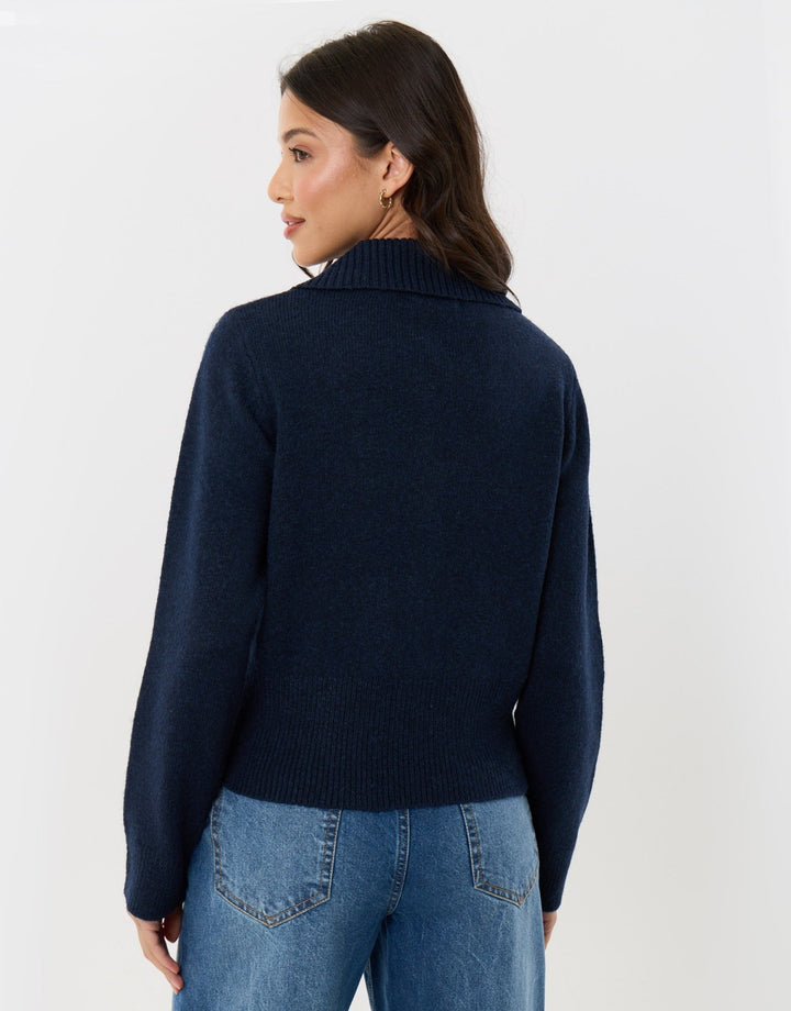 Polo Button Up Cardigan in Navy