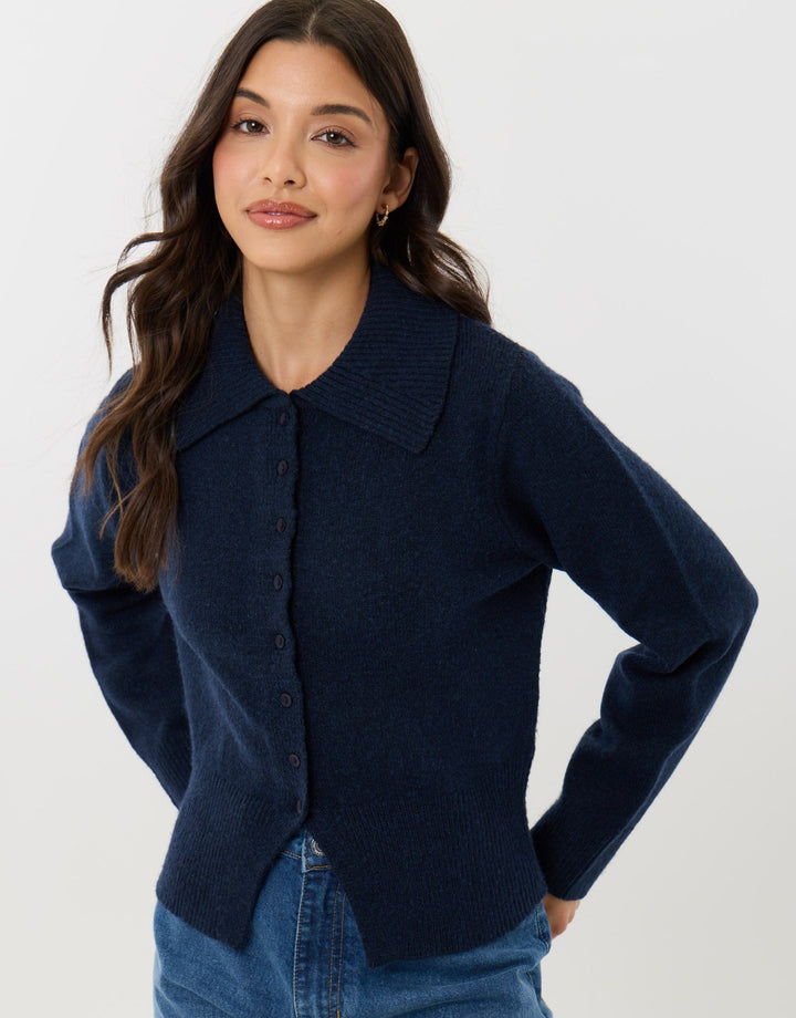 Polo Button Up Cardigan in Navy