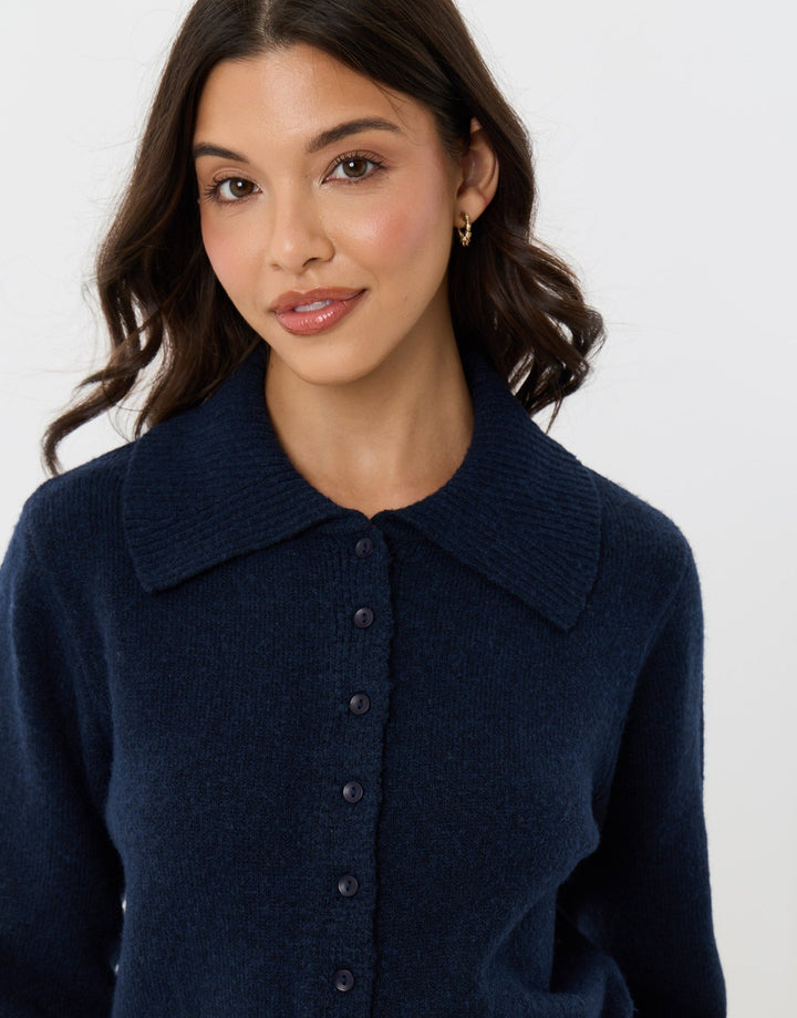 Polo Button Up Cardigan in Navy
