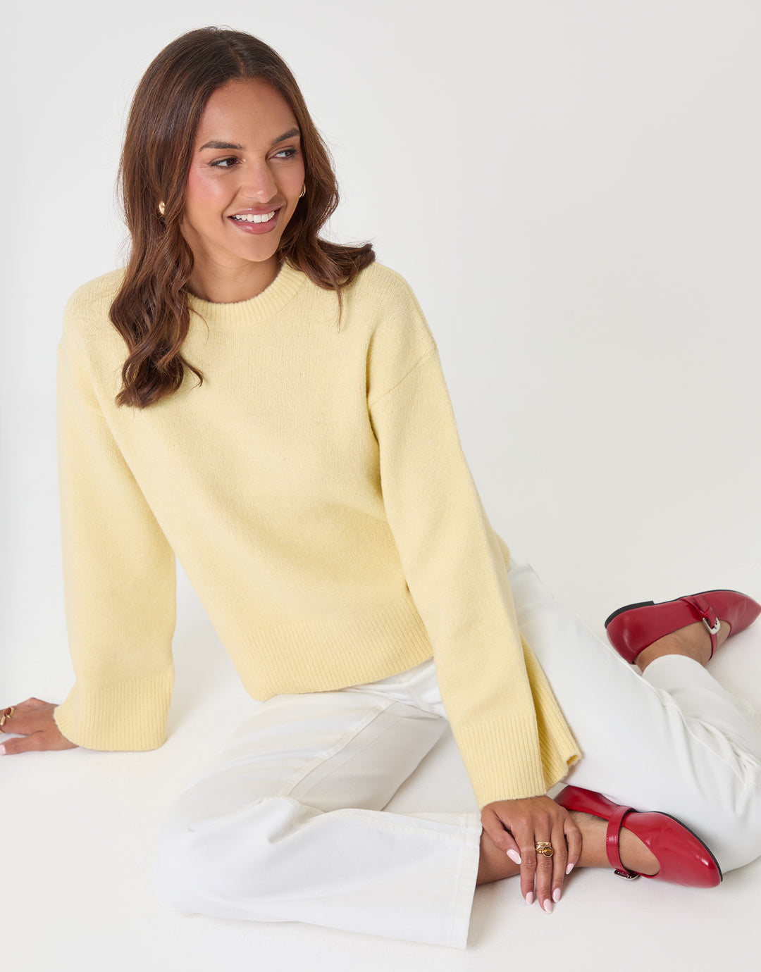 Threadbare Relaxed Fit Crew Neck Jumper in Lemon Yellow - sat down