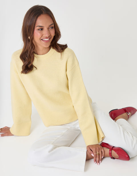 Threadbare Relaxed Fit Crew Neck Jumper in Lemon Yellow - sat down