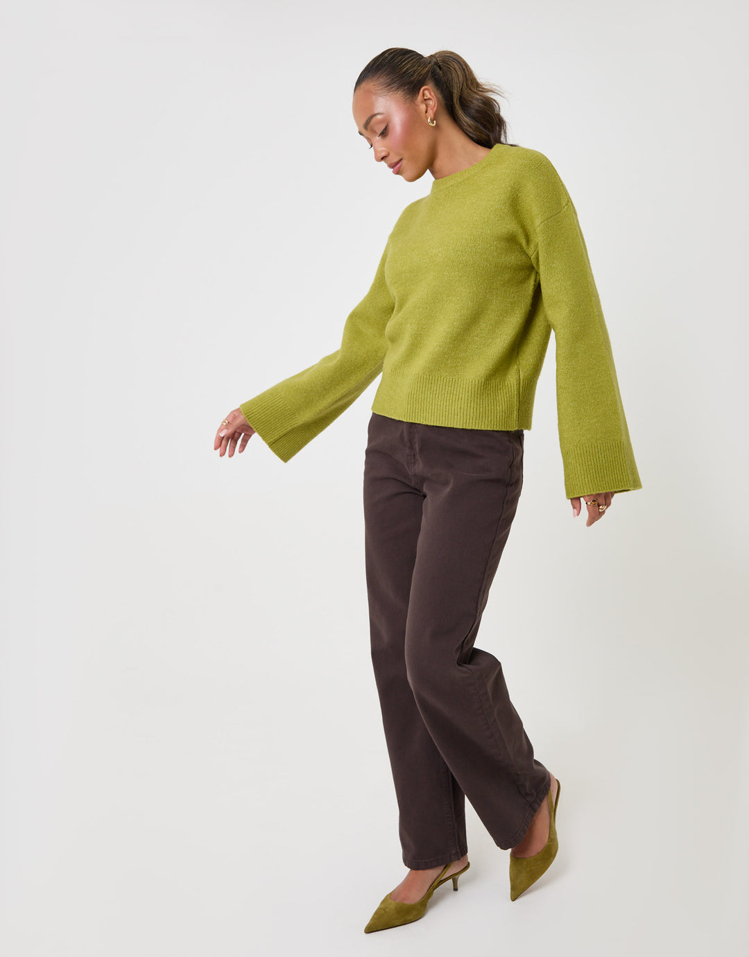 Threadbare Relaxed Fit Crew Neck Jumper in Green - full body