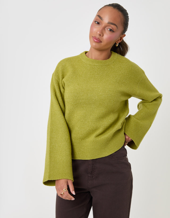 Threadbare Relaxed Fit Crew Neck Jumper in Green - front view