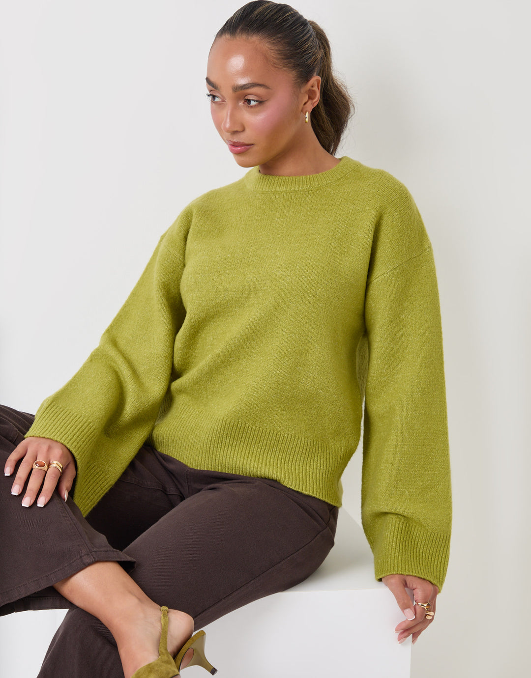 Threadbare Relaxed Fit Crew Neck Jumper in Green - sat down