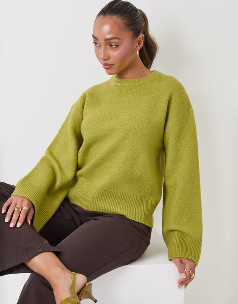 Threadbare Relaxed Fit Crew Neck Jumper in Green - sat down