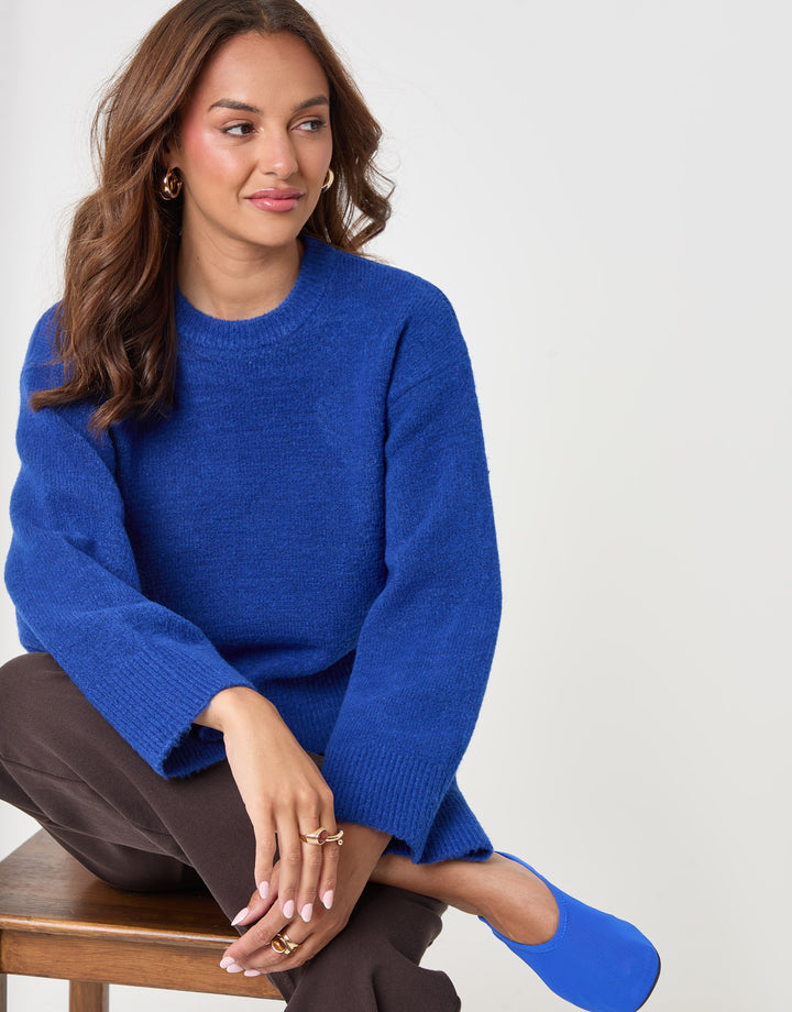Threadbare Relaxed Fit Crew Neck Jumper in Blue - sat down