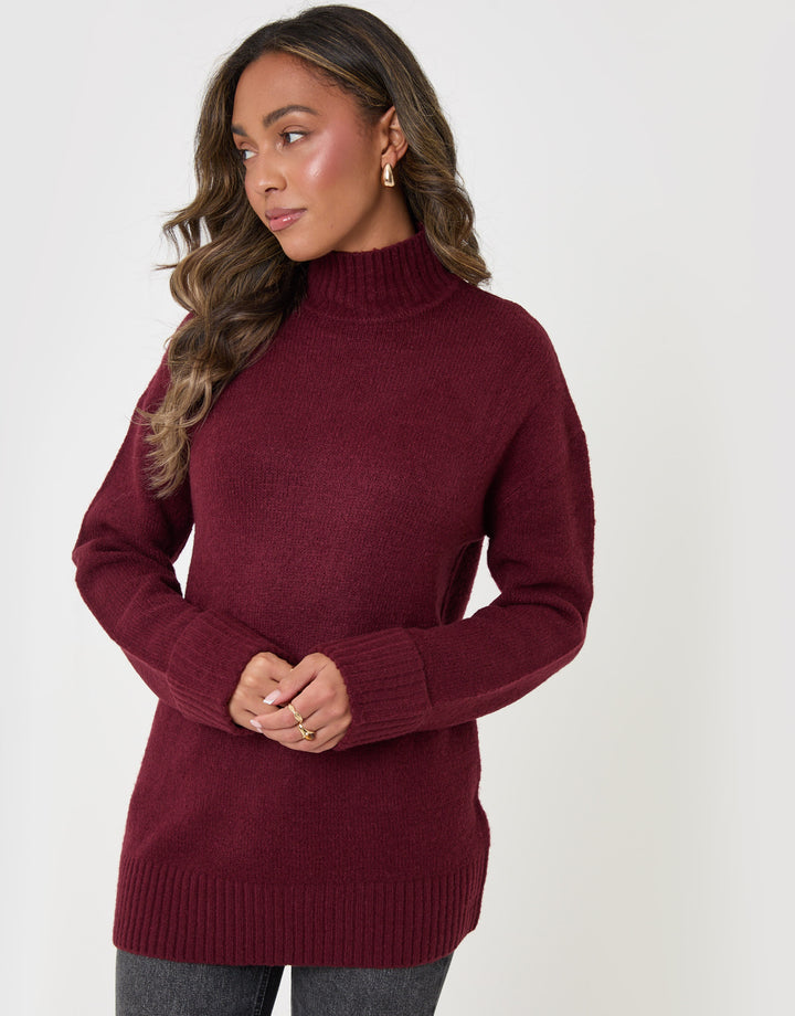 Threadbare Relaxed Fit Funnel Neck Jumper in Burgundy - front view