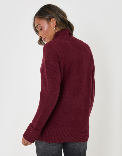 Threadbare Relaxed Fit Funnel Neck Jumper in Burgundy - back view