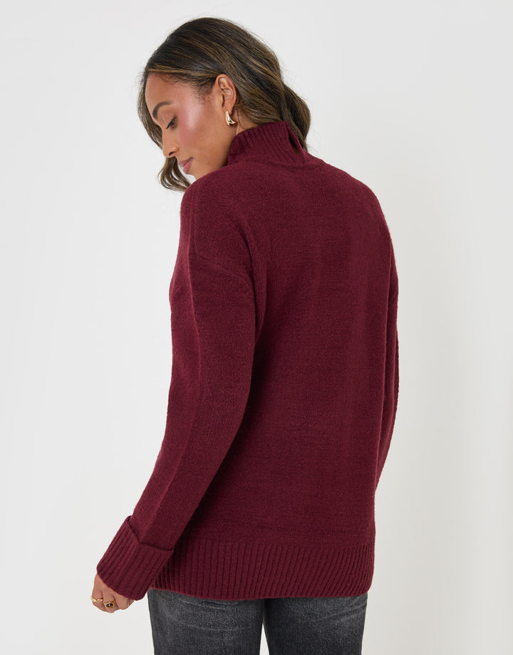 Threadbare Relaxed Fit Funnel Neck Jumper in Burgundy - back view