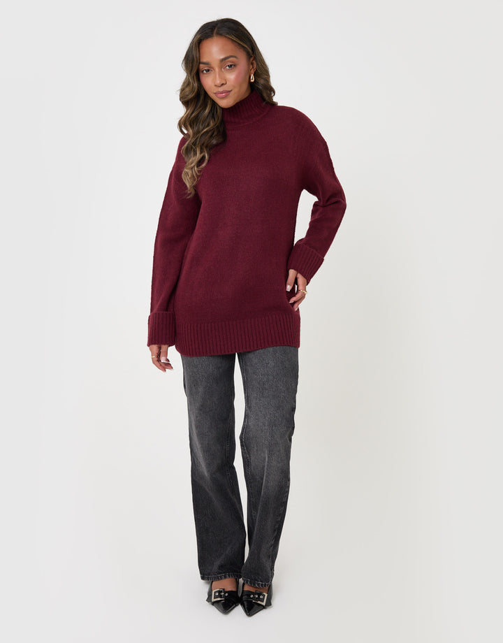 Threadbare Relaxed Fit Funnel Neck Jumper in Burgundy - full body