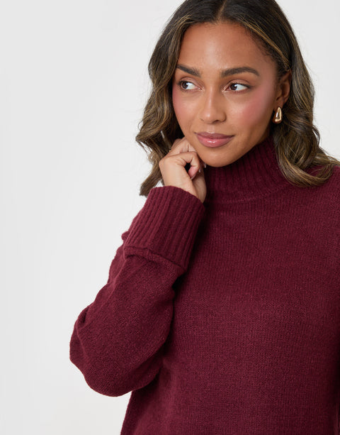 Threadbare Relaxed Fit Funnel Neck Jumper in Burgundy - close up