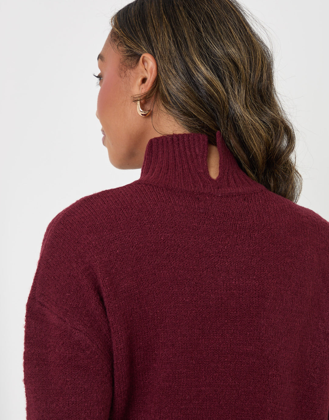 Threadbare Relaxed Fit Funnel Neck Jumper in Burgundy - back detail