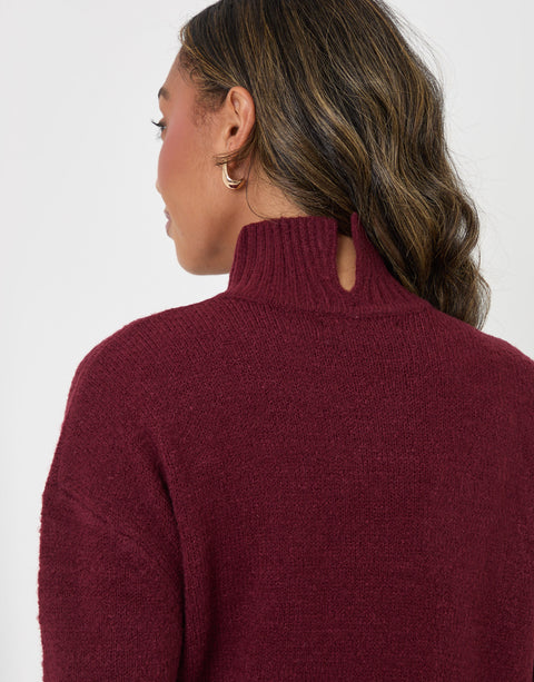 Threadbare Relaxed Fit Funnel Neck Jumper in Burgundy - back detail