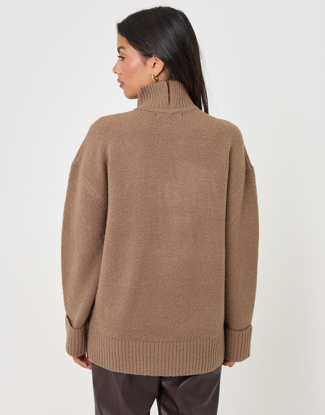 Threadbare Relaxed Fit Funnel Neck Jumper in Beige - back view