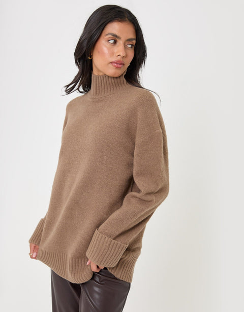 Threadbare Relaxed Fit Funnel Neck Jumper in Beige - front view