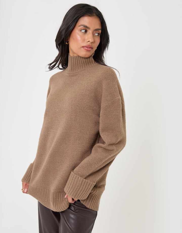 Threadbare Relaxed Fit Funnel Neck Jumper in Beige - front view