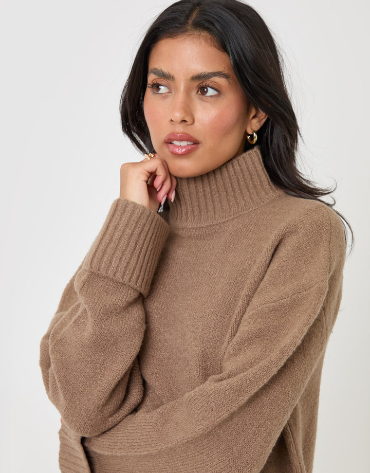 Threadbare Relaxed Fit Funnel Neck Jumper in Beige - close up