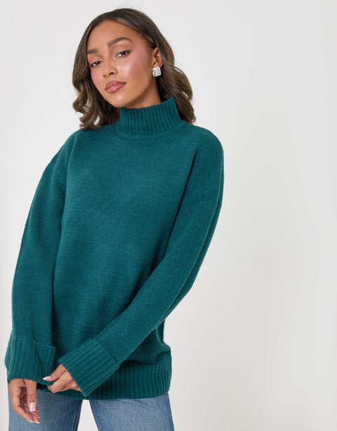 Threadbare Relaxed Fit Funnel Neck Jumper in Teal - front view