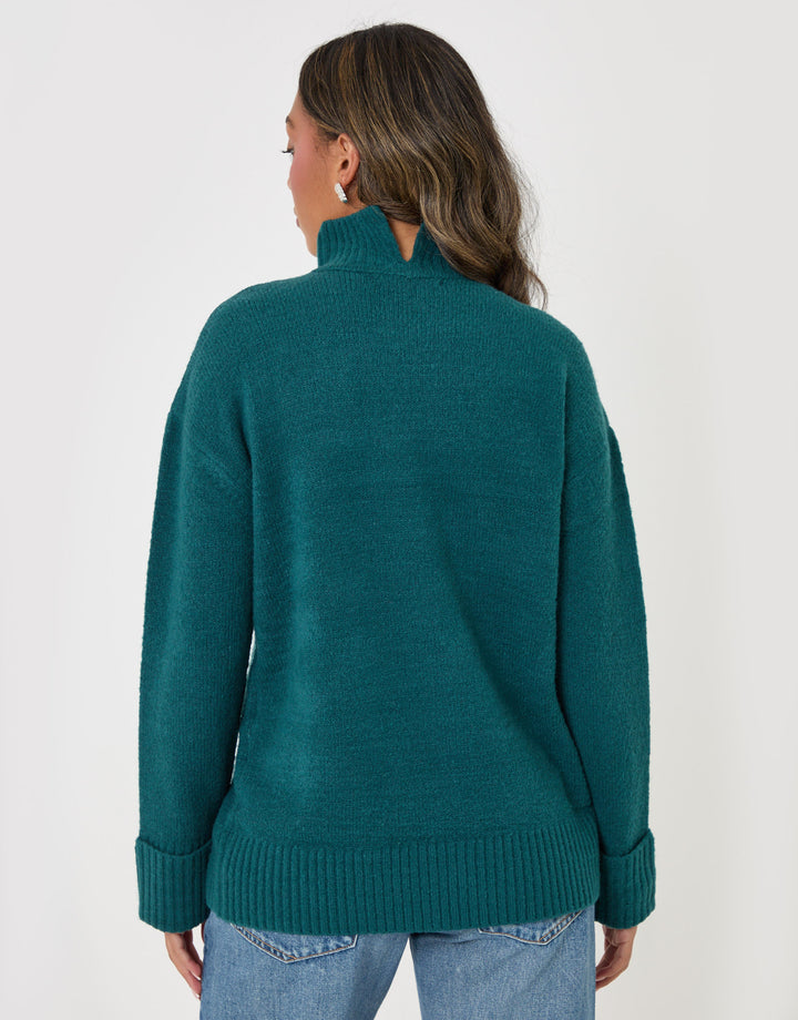 Threadbare Relaxed Fit Funnel Neck Jumper in Teal - back view