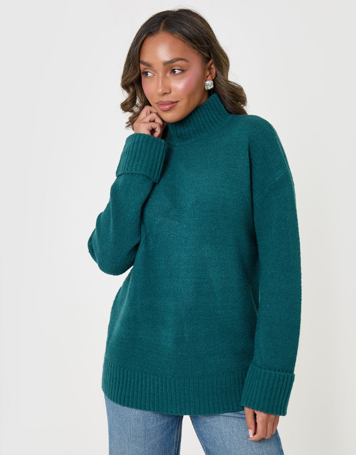 Threadbare Relaxed Fit Funnel Neck Jumper in Teal - full body