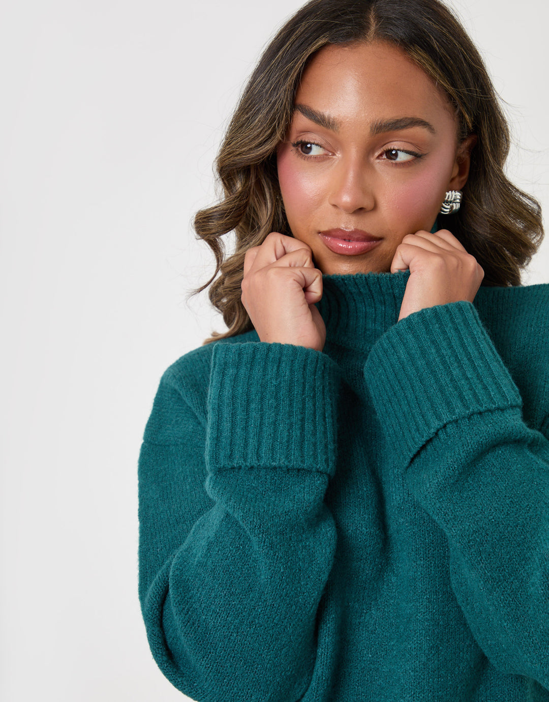 Threadbare Relaxed Fit Funnel Neck Jumper in Teal - close up