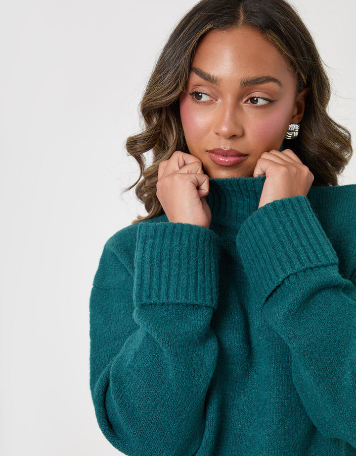 Threadbare Relaxed Fit Funnel Neck Jumper in Teal - close up